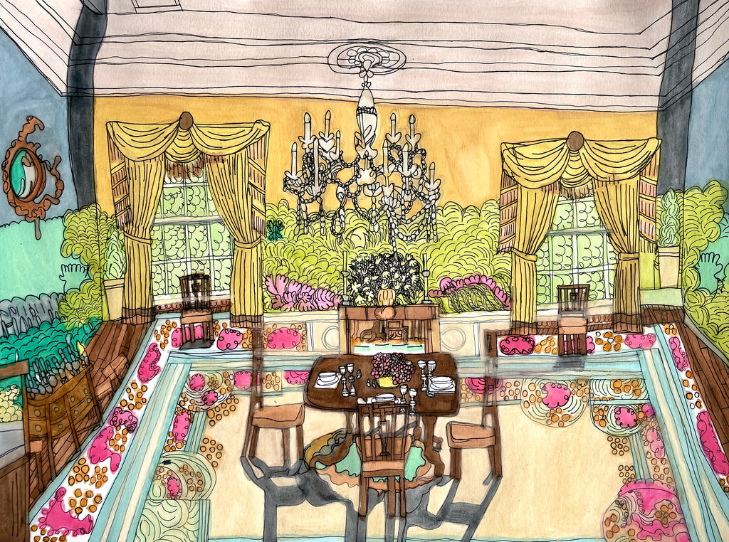 A colored pencil and watercolor artwork depicting a room with a table, chairs, and a chandelier, featuring bright colors and detailed textures.