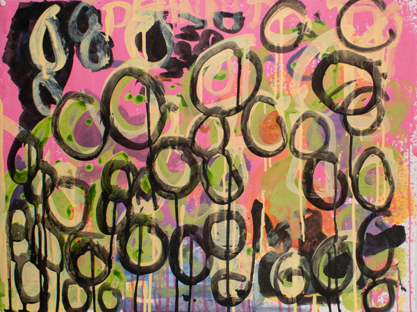 Untitled (Black Circles With Pink Over Yellow), by Deanna Poppenger