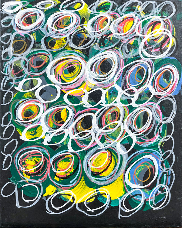 "Untitled Abstract White Circles Over Black", by DeRon Hudson