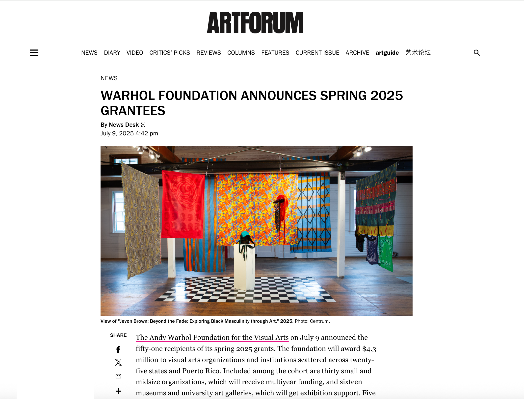 "Warhol Foundation Announces Spring 2025 Grantees",  ArtForum 07/29/2025