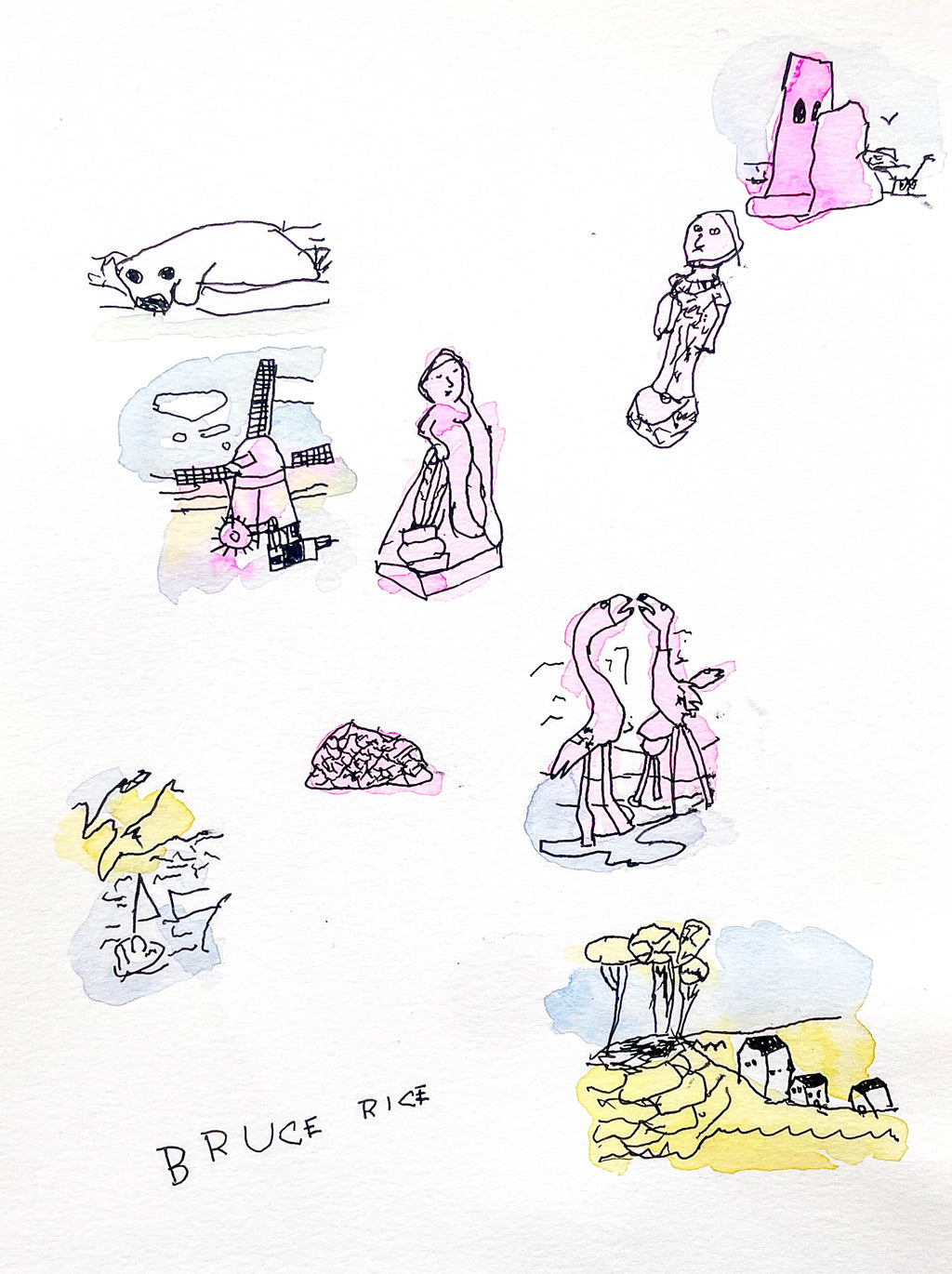 Collection of stylized drawings on a white background, featuring various shapes and figures.