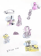 Collection of stylized drawings on a white background, featuring various shapes and figures.