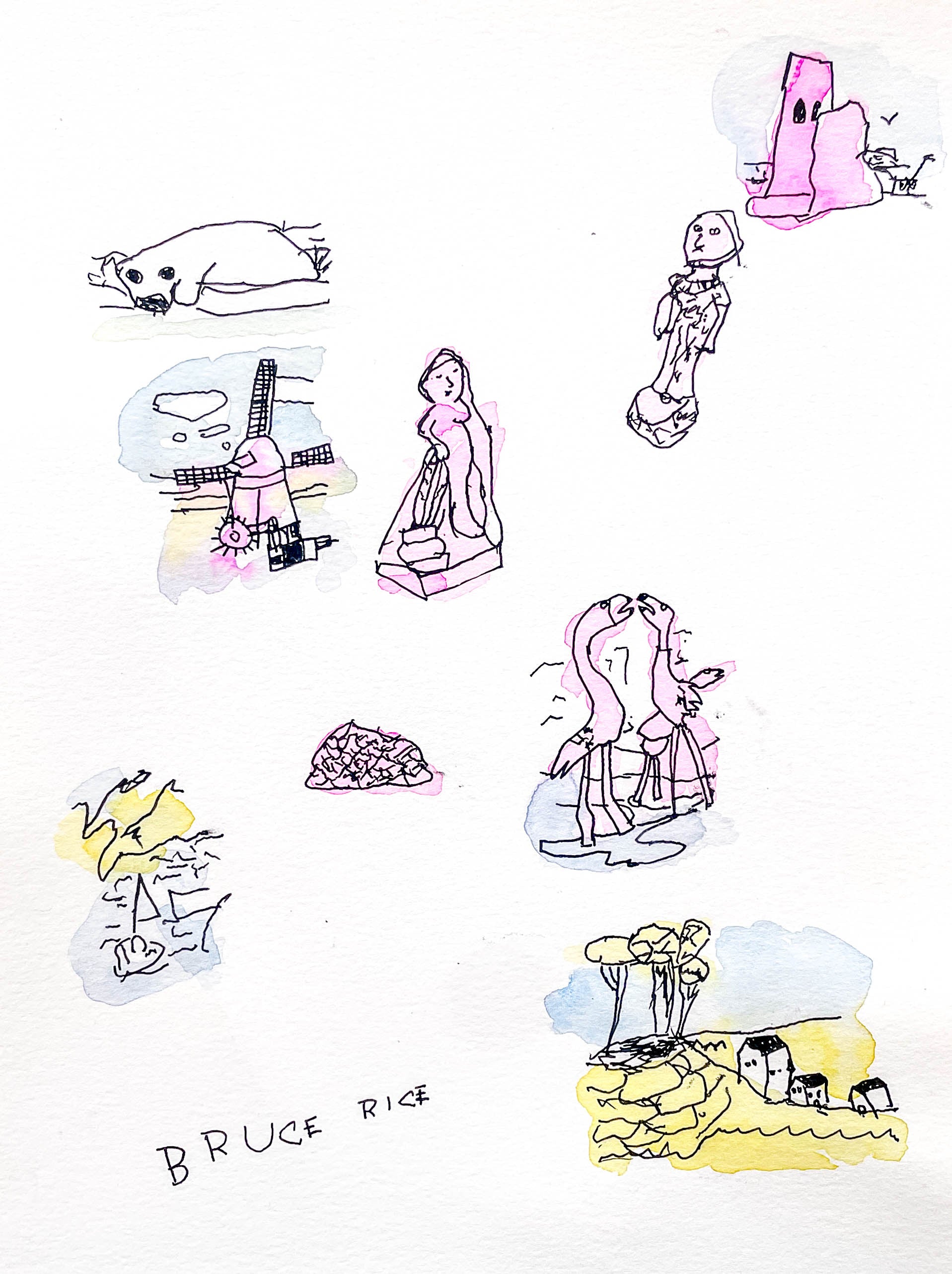 Collection of stylized drawings on a white background, featuring various shapes and figures.