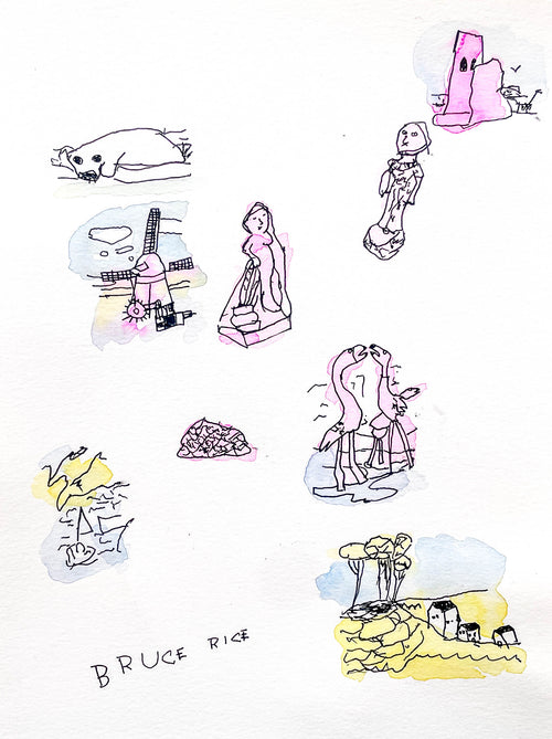 Collection of stylized drawings on a white background, featuring various shapes and figures.