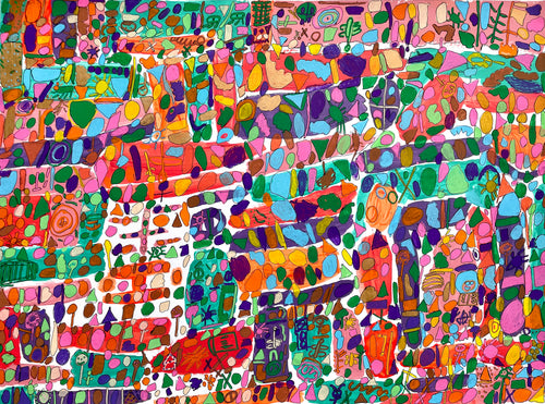 Colorful abstract artwork with various shapes and patterns