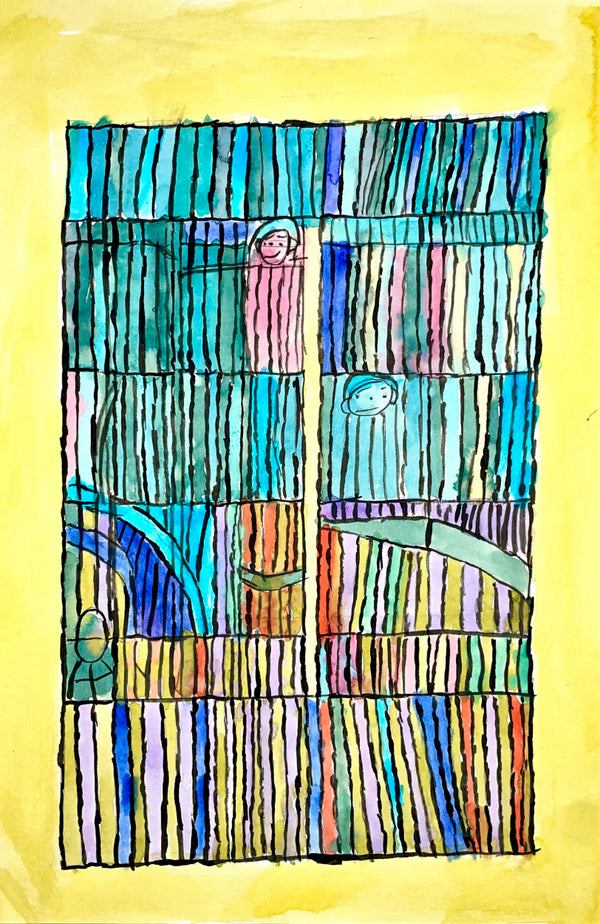 Colorful abstract artwork with vertical stripes on a yellow background