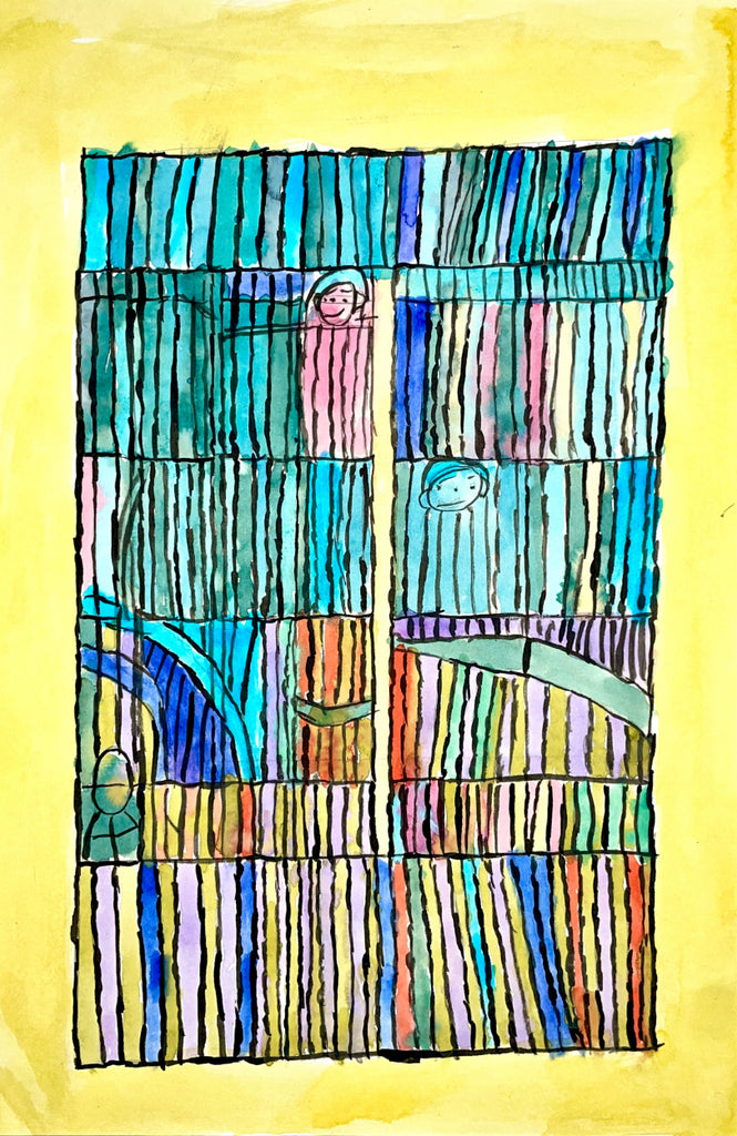 Colorful abstract artwork with vertical stripes on a yellow background