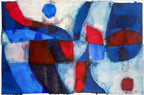 Abstract artwork with blue, red, and white colors