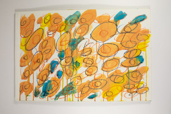 An abstract representation of flowers in various colors on a white background, original artwork by Julieann Dombrowski.