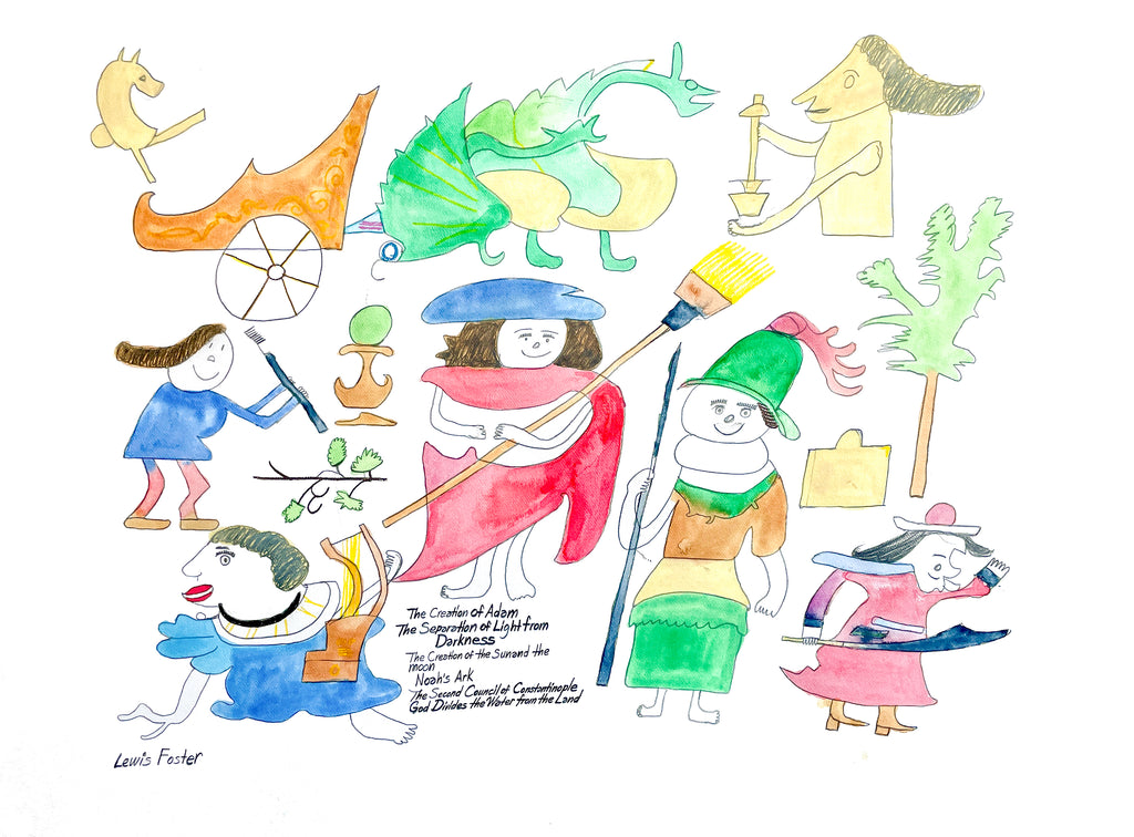 Colorful illustration of various characters with different accessories on a white background