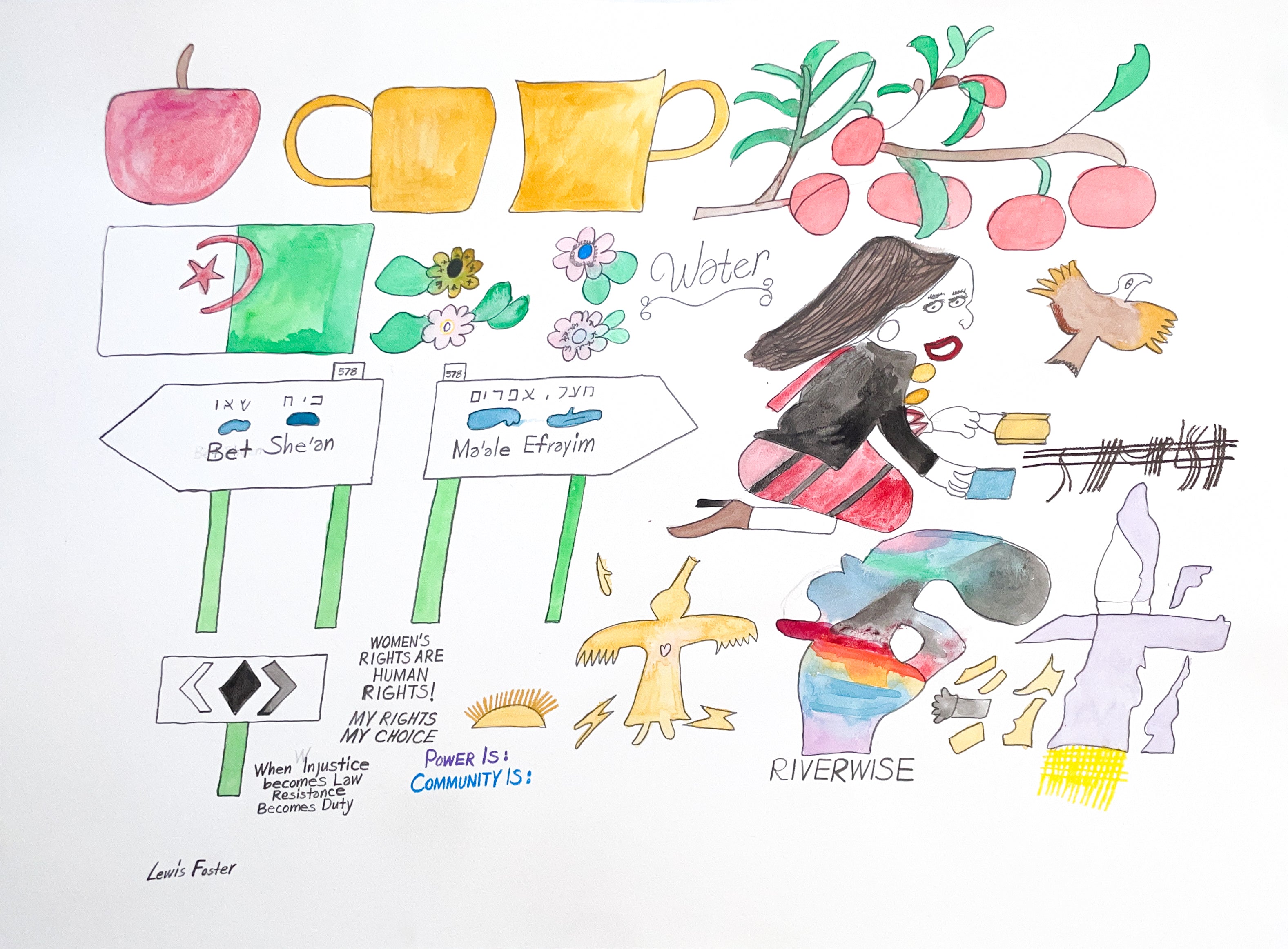 Colorful artwork by Lewis Foster with various symbols and text on a white background, referencing Detroit publication, Riverwise Magazine.