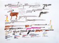 Illustration of various firearms and hunting equipment on a white background