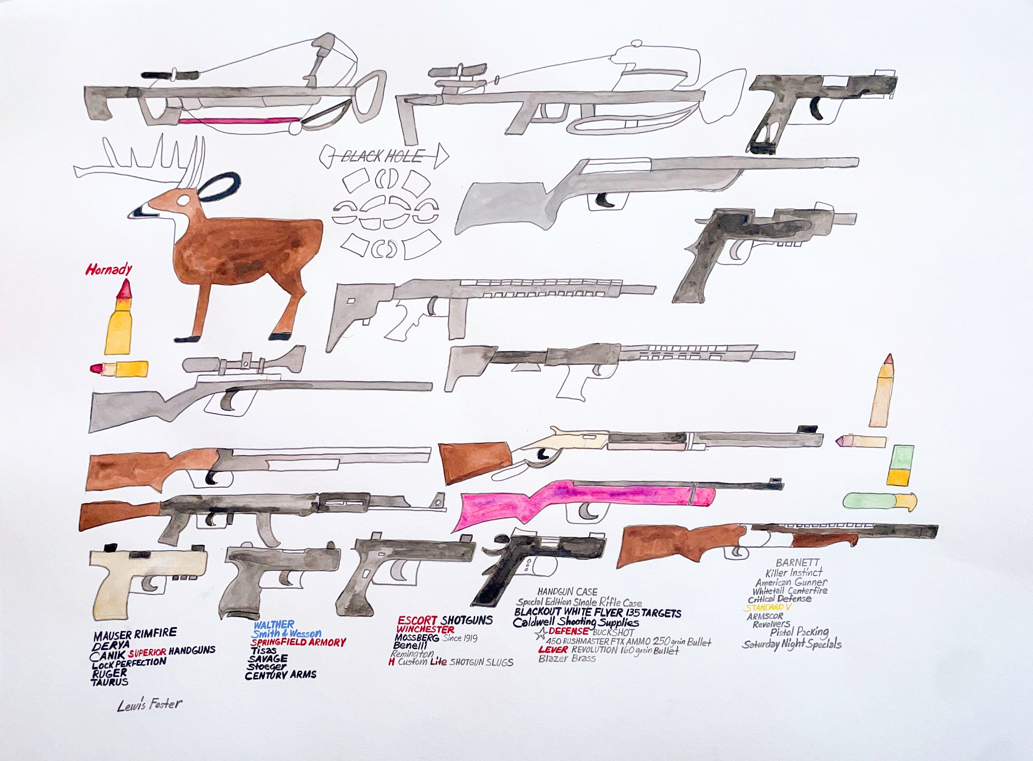 Illustration of various firearms and hunting equipment on a white background