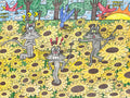 Cartoon cats in a field of sunflowers with a colorful background