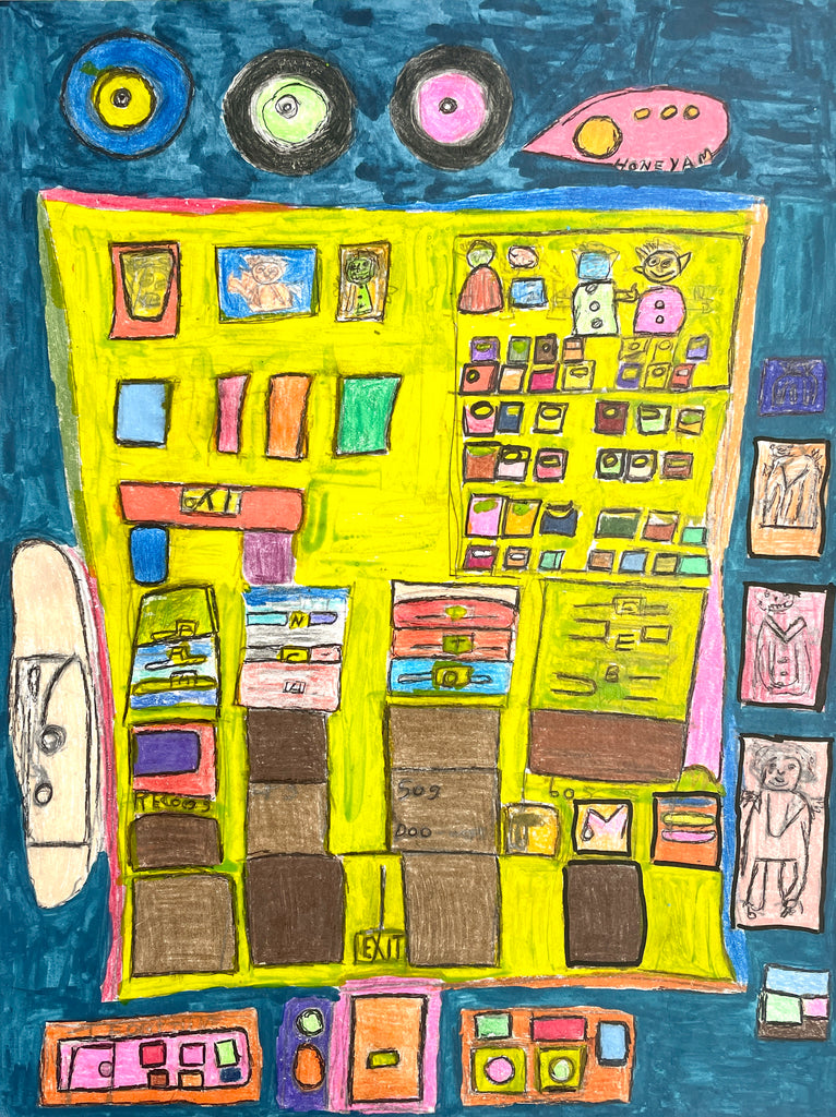 Colorful drawing of a store layout with various items and sections on a blue background