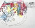 Colorful drawing of a person playing a piano with sheet music in the background