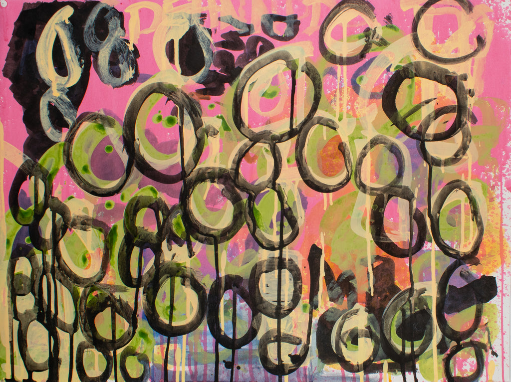 Untitled (Black Circles With Pink Over Yellow, by Deanna Poppenger