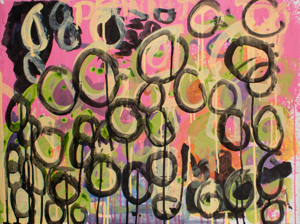 Untitled (Black Circles With Pink Over Yellow, by Deanna Poppenger