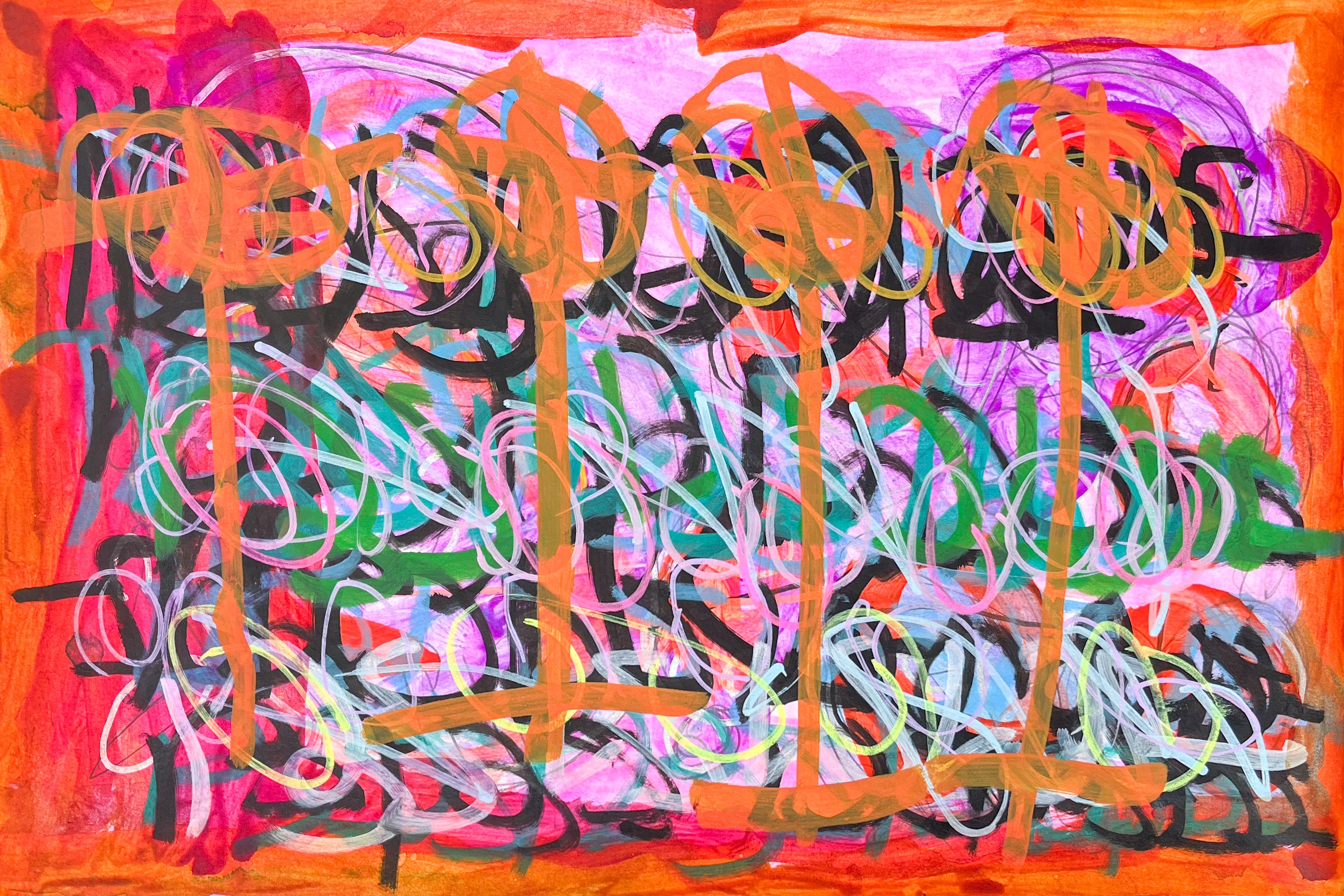 Untitled Orange Flowers Over Pink and Green, by Shawna Campbell - pasc-gallery