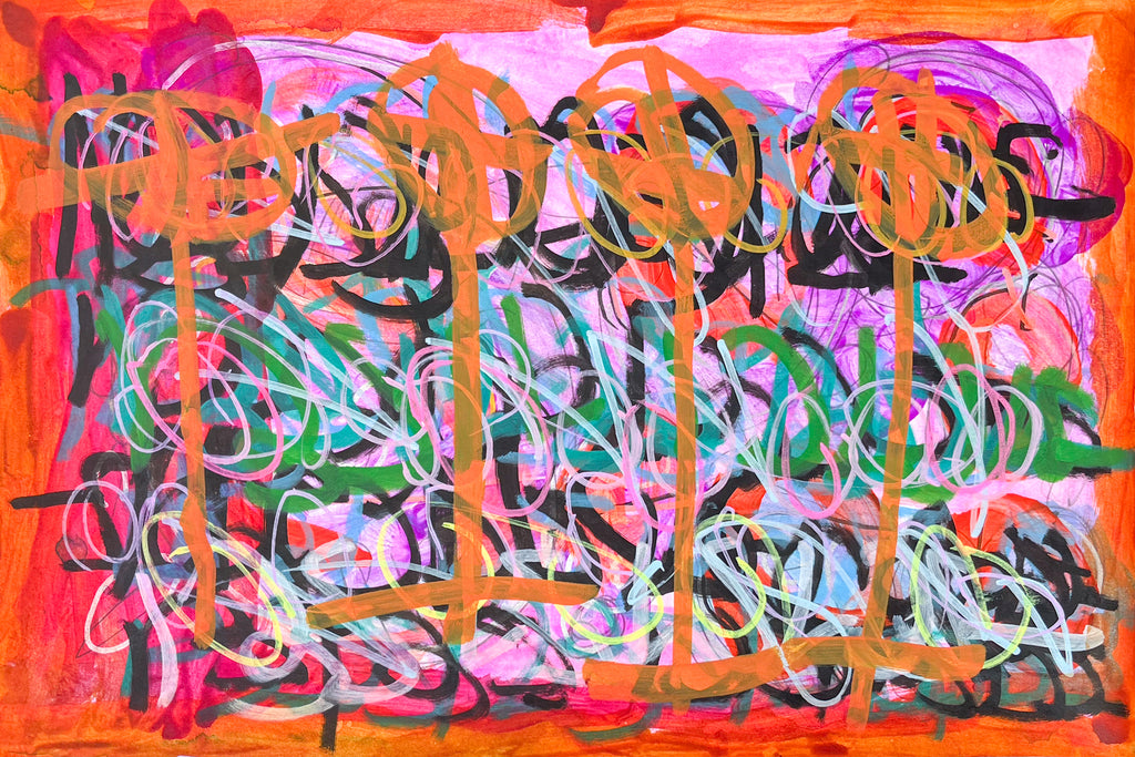 Untitled Orange Flowers Over Pink and Green, by Shawna Campbell