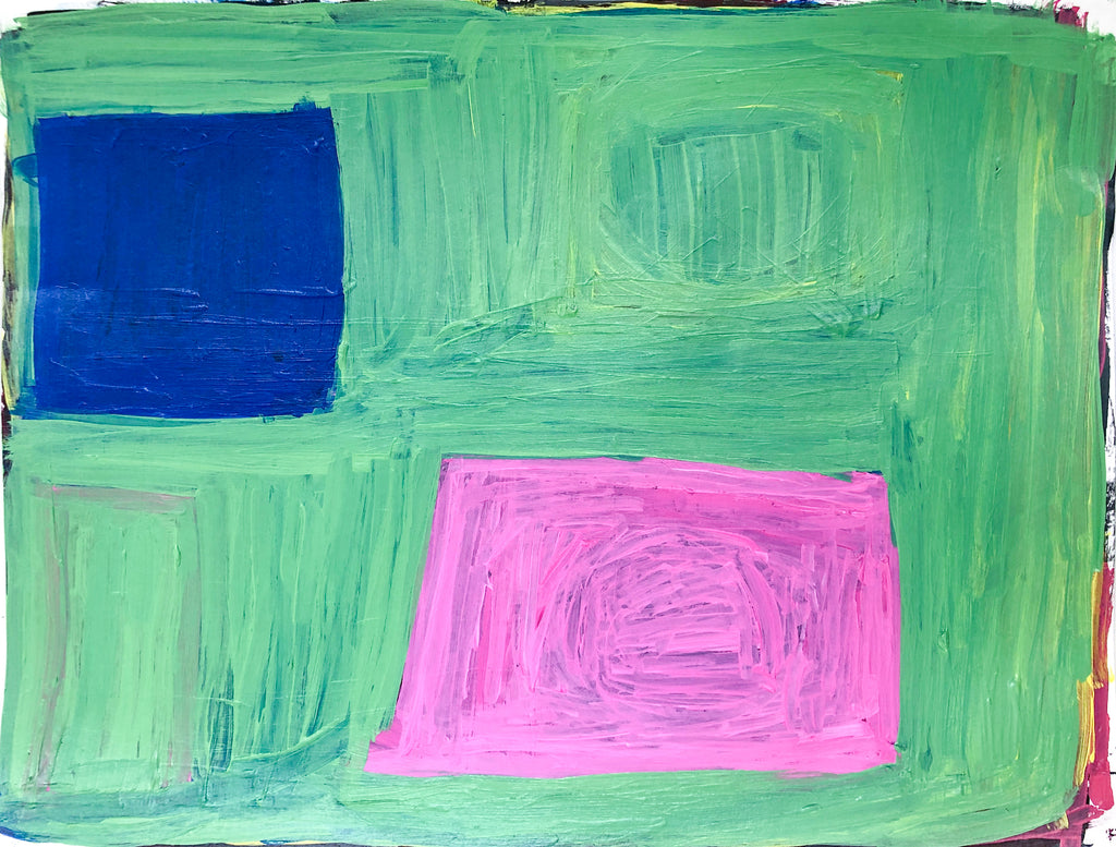Pink and Blue Squares on Green, Painting