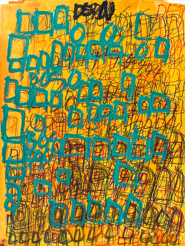 Untitled, Green Squares Over Orange, Mixed Media by DeRon Hudson