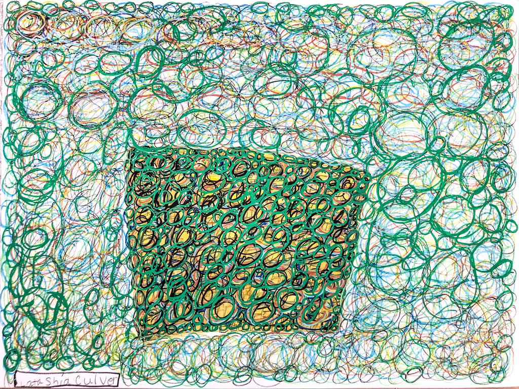Untitled (Yellow House, Green Circles), Mixed Media