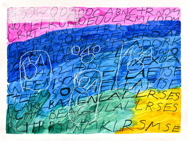"Untitled Ghost Figures With Text Over Colored Bands", by Robert Duncombe