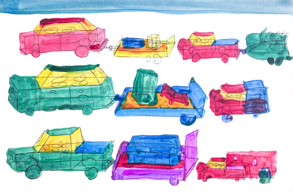 Untitled (Cars with Trailers), Watercolor